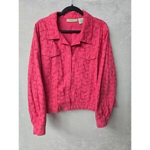 Appleseeds Womens 2X Pink Eyelet Cotton Jacket Floral Embroidery Cottagecore